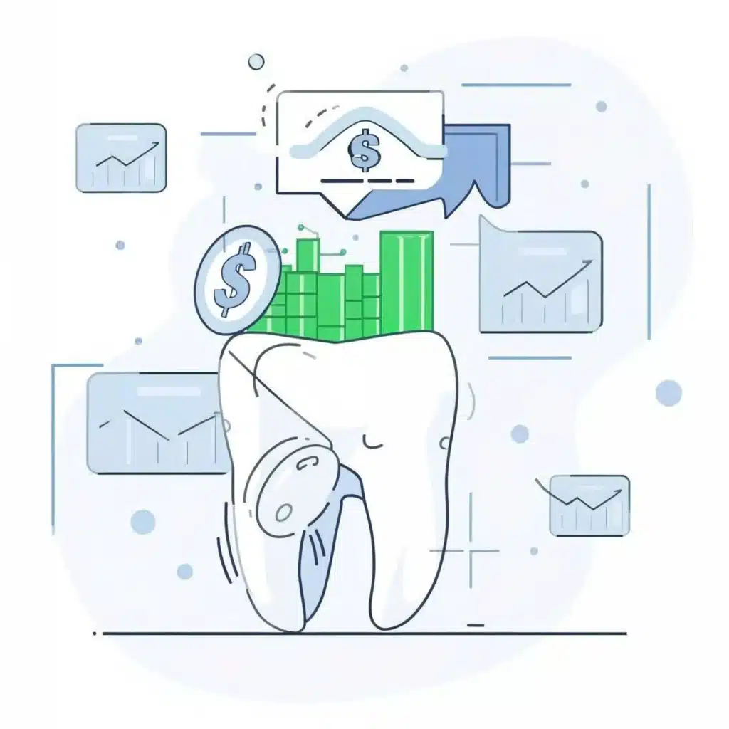 Cherry Dental Financing concept illustration showing a tooth with dollar signs, charts, and payment icons, representing affordable dental care through Cherry financing.