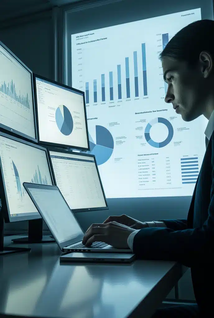 A professional finance associate working on a laptop in a modern office, analyzing financial charts and SaaS KPIs on multiple screens, business charts in the background, modern FinTech office environment, realistic, high resolution, professional lighting. Wrapbook Strategic Finance Associate.