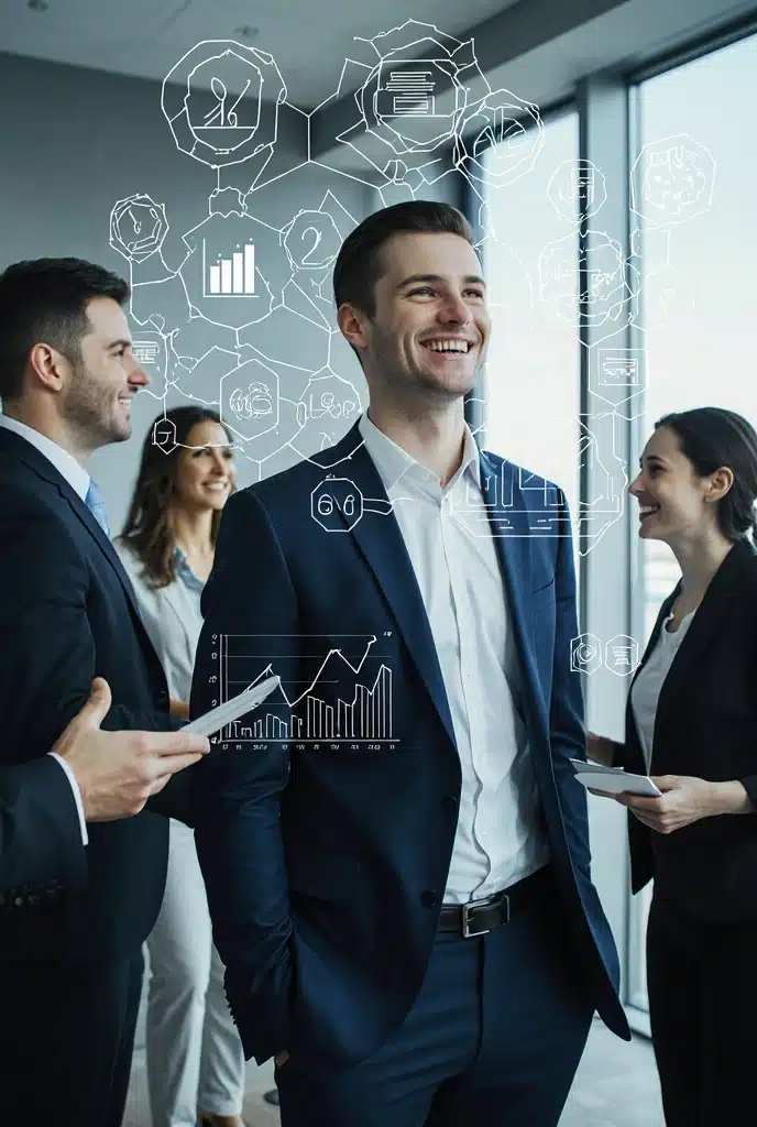 A young finance professional celebrating promotion in a modern office, team congratulating, charts showing career growth and salary increase in the background, professional business attire, bright and positive environment, high resolution