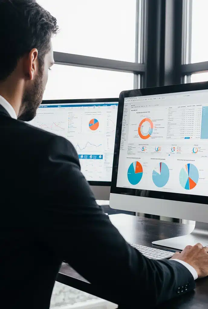 Close-up of a professional working on Excel and SQL dashboards, financial modeling charts visible on computer screens, SaaS metrics like ARR, CAC, LTV displayed, modern office, high detail, realistic style. Wrapbook Strategic Finance Associate.